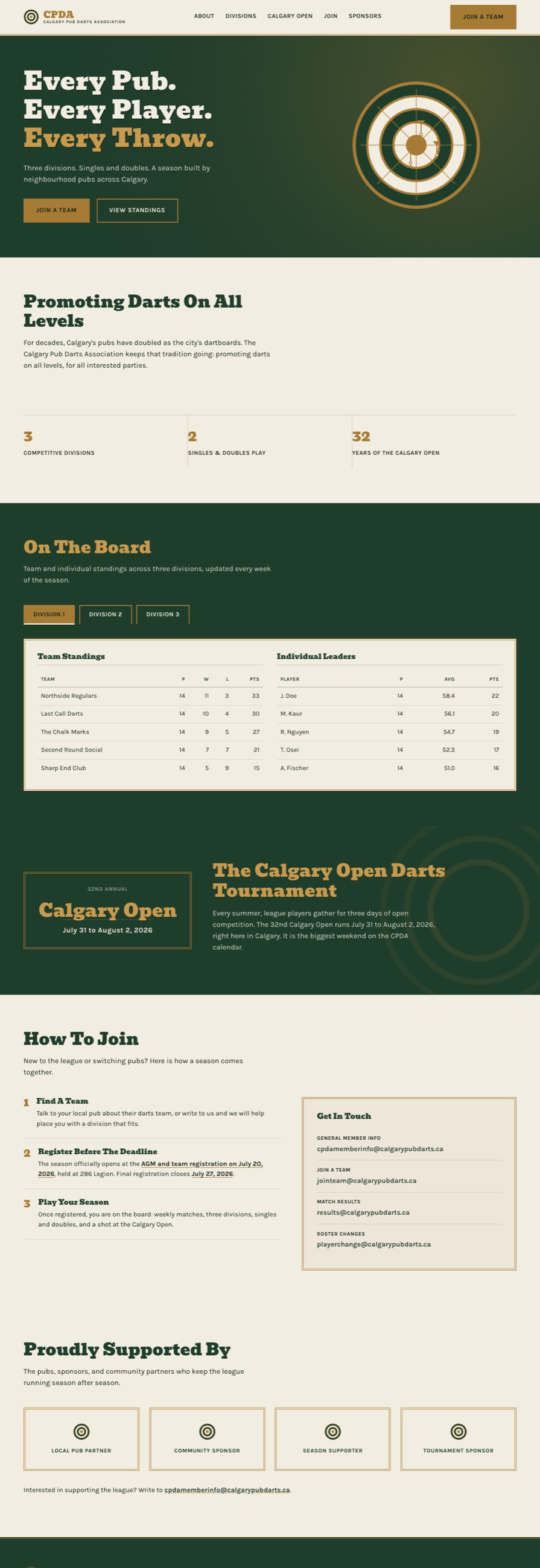 Calgary Pub Darts Association website, full page